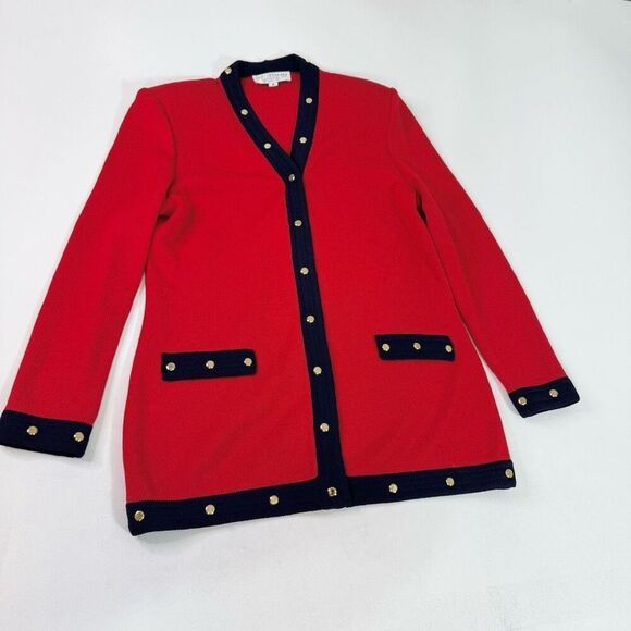 St. John Cardigan Sweater Womens 8 Red Blue Gold Buttons Old Money Preppy Santan - Picture 1 of 7